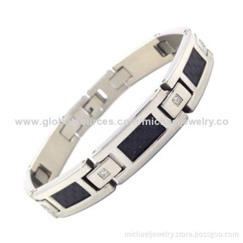 Stainless Steel Bracelets with 8-piece of CZ Stones and Black Carbon Fiber, Elegant and Fashionable